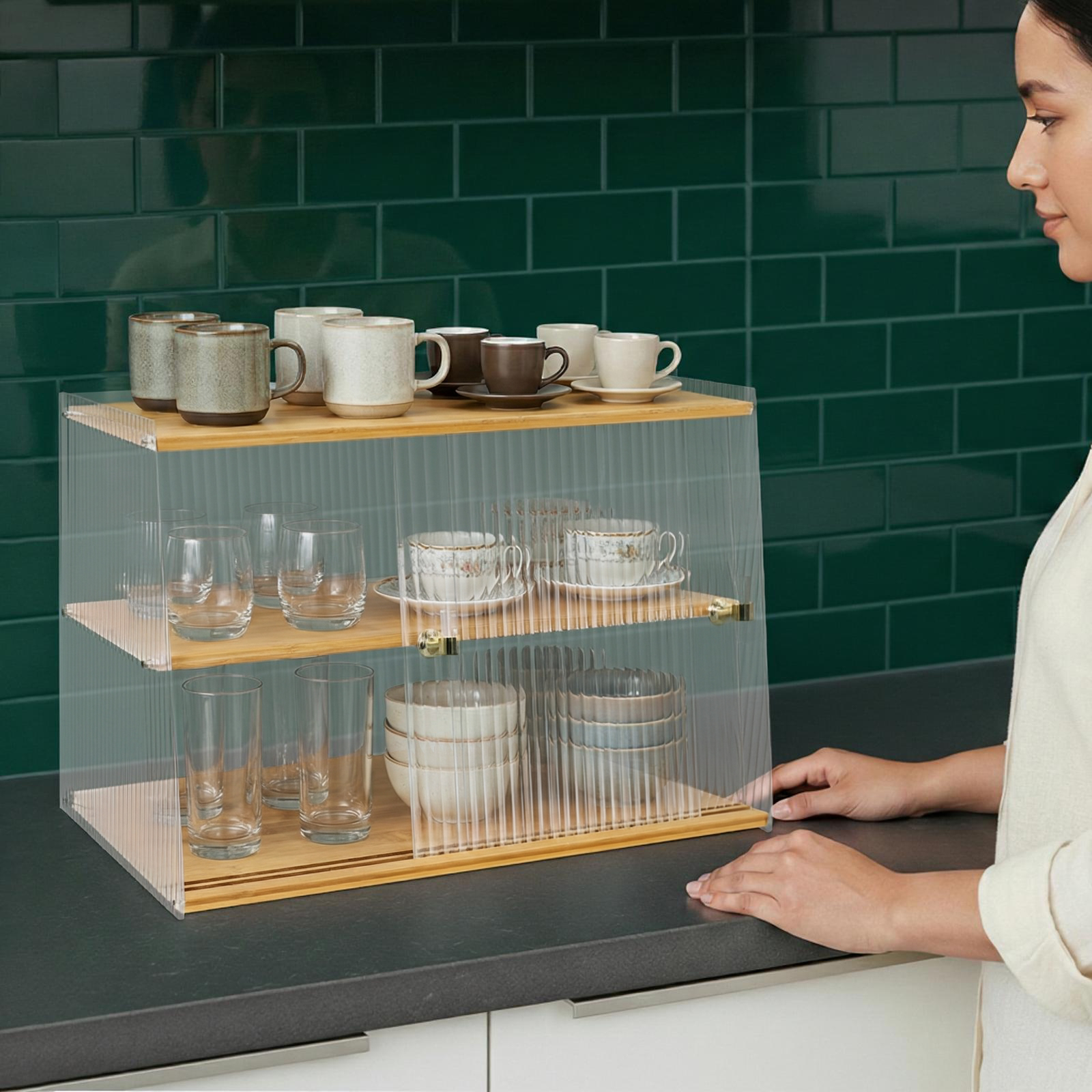Food Storage Kitchen Cabinet - Wood Color Semi-Clear Pantry Cabinet,Dust-proof storage